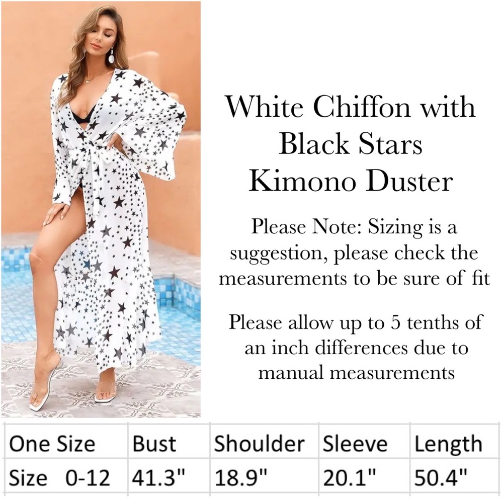 Boho White Chiffon with Black Stars Kimono Duster Beach Coverup - Picture 16 of 16